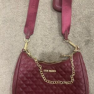 Steve Madden Wine Quilted Shoulder Bag with Gold Chain